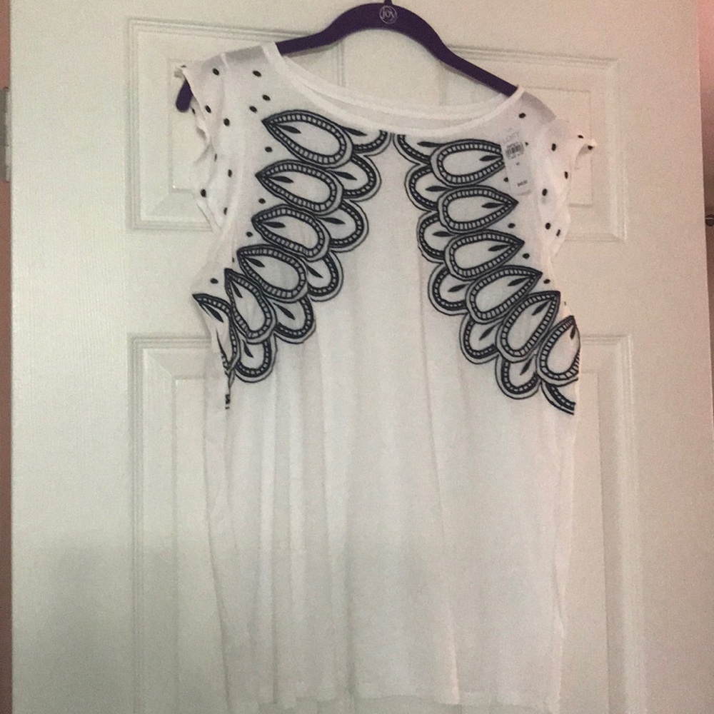 White and Navy Loft Embroidered Top